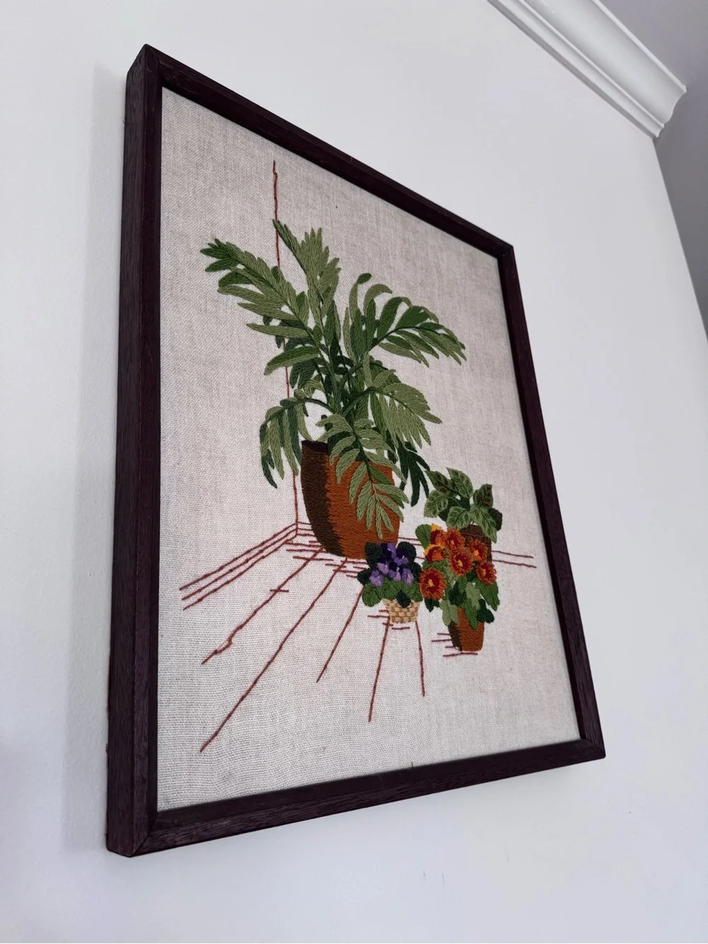 Vintage Crewel Embroidered Plant Wall Art